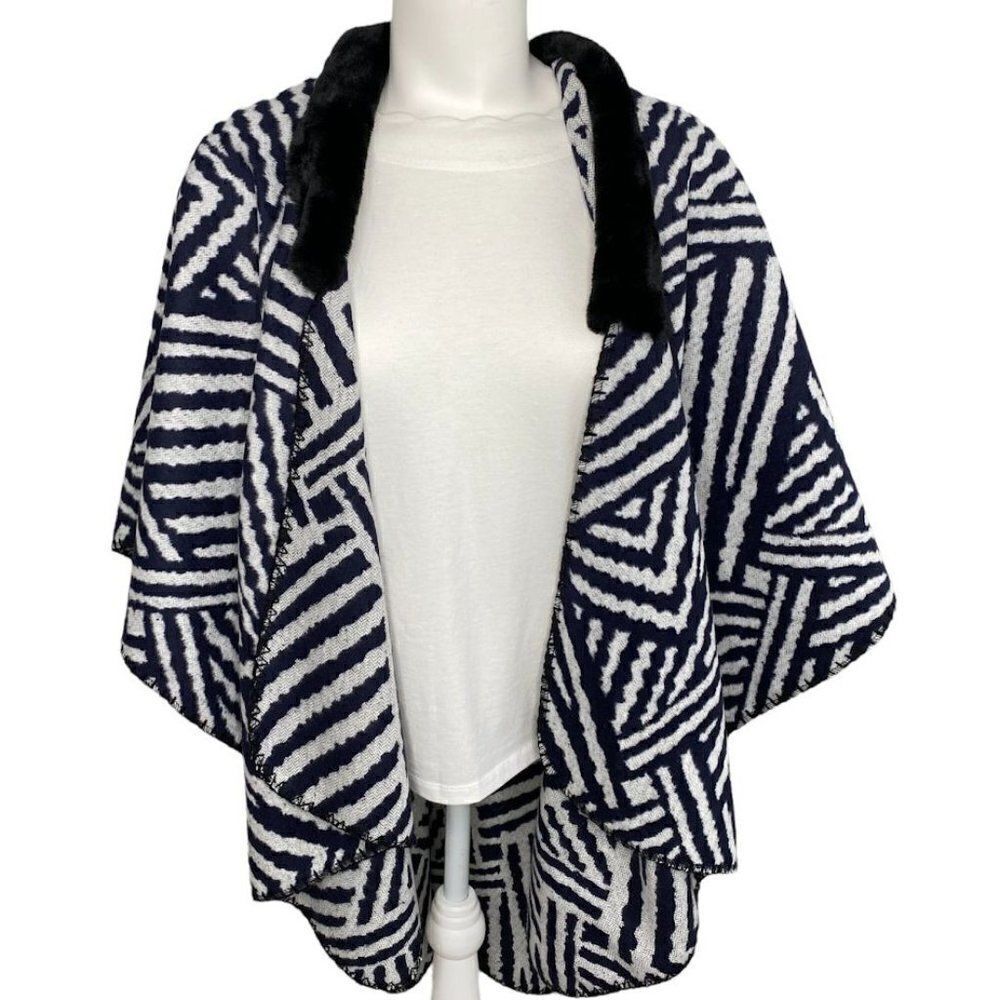 LOFT Cardigan Wrap Women's MEDIUM Blue Black Zebra Faux-Fur Collar Draped NWOT